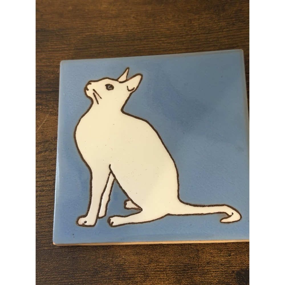Vintage Signed CLP Ceramic White Cat Art Tile Trivet Blue 4" Cork Back